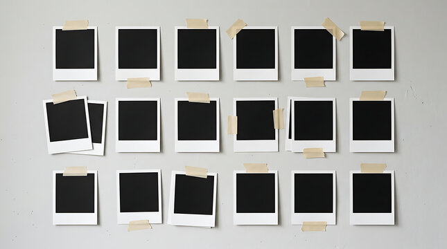 Blank instant film frames attached with adhesive tape on a plain light gray wall background with arranged grid attached photography