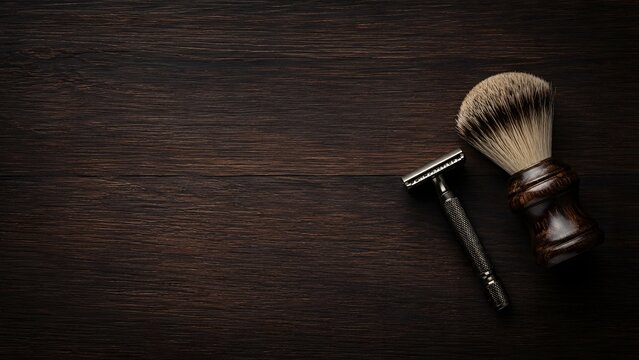 Vintage safety razor and shaving brush on dark wood. Traditional barber tools for male grooming. Classic wet shave accessories.