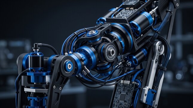 Detailed view of robotic arm assembly with blue anodized metal parts, carbon fiber housing, electric servo motors, microchips and wiring for advanced industrial mechatronics.