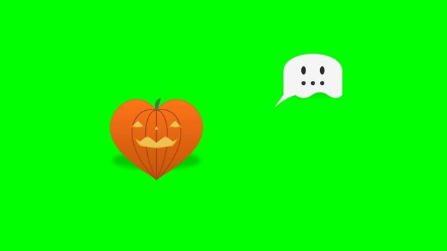 A Halloween themed like and comment icon animation featuring a glowing jack-o-lantern heart button that beats and launches a flying bat toward a ghost shaped speech bubble