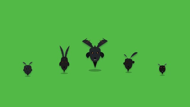 A stylized Halloween animation featuring five unique black mountain goat heads with ribbed curved horns, glowing orange eyes, subtle floating motion, soft shadows, and a bright green background