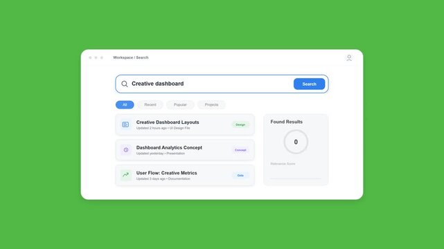A modern 2D vector search dashboard animation featuring an interactive search bar, typed query, filter controls, result cards, analytics indicators, and smooth interface transitions on a clean bright