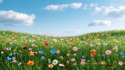 Obraz premium Vibrant Meadow Filled with Colorful Wildflowers Under a Bright Blue Sky with Soft Clouds in a Peaceful Spring Landscape