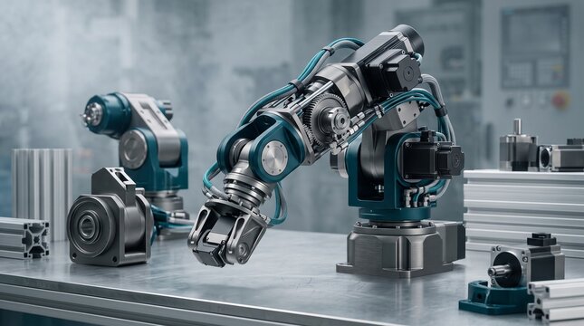 Industrial robotic arm assembly with precision gears, servo motors, and mechanical components on a metal workbench in an automated factory or engineering laboratory environment.