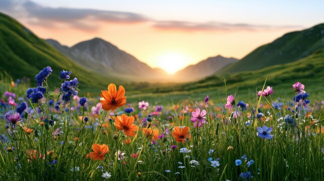 Vibrant Wildflower Meadow at Sunset with Dramatic Mountains and Colorful Blossoms in a Serene Natural Landscape