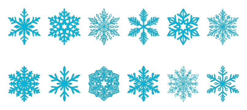 Collection of twelve unique snowflake icons arranged in set with simple line art design featuring simple design, minimalist, black and white with illustrations and graphics