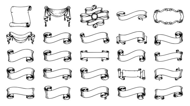 Collection of various blank flowing ribbons and scrolls set with simple line art design featuring line art, illustrations, graphic resources with vector and design elements