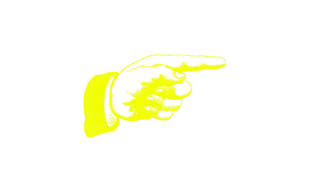 Yellow Pointing Hand Icon Cartoon Line Art Illustration with Glove Style Finger Gesture Pointing Toward the Right Side, Hand Drawn Doodle Style Clipart Symbol for Direction and Attention, Perfect for 