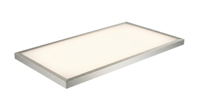 Rectangular flat panel LED light fixture with brushed aluminum frame on white background