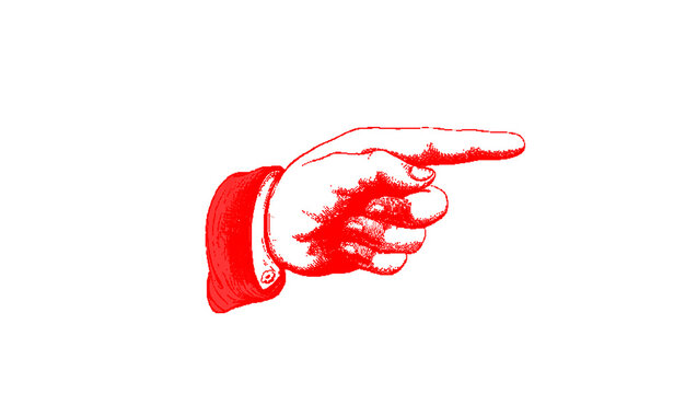 Red Pointing Hand Icon Cartoon Line Art Illustration with Glove Style Finger Gesture Pointing Toward the Right Side, Hand Drawn Doodle Style Clipart Symbol for Direction and Attention, Perfect for Sig