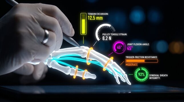 Human skeletal hand model displayed with digital medical interface metrics showing precise orthopedic joint data analysis and kinetic structural information