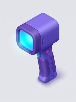 Vertical photo of a stylized 3D handheld scanner with a glowing blue screen