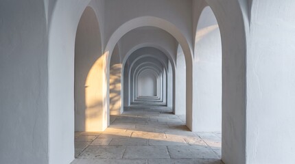 Minimalist whitewashed corridor with receding rounded arches and single shaft of golden sunlight, Mediterranean abstract 