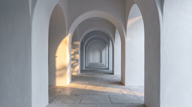 Minimalist whitewashed corridor with receding rounded arches and single shaft of golden sunlight, Mediterranean abstract 
