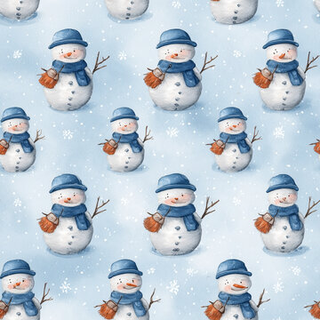 snowman, watercolor, seamless pattern 