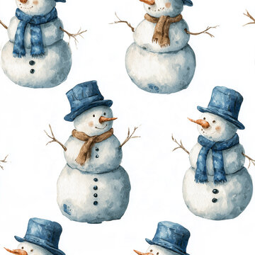 snowman, watercolor, seamless pattern 
