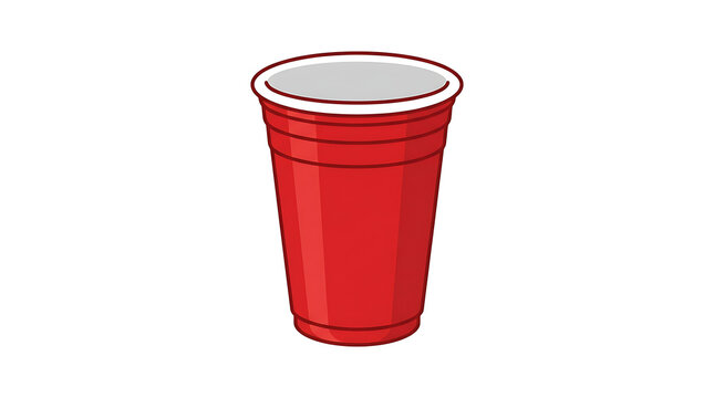 A single empty red plastic cup isolated against a plain white background for design use with shown slightly elevated angle with illustration