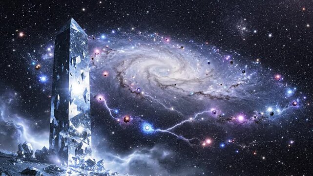 Shining crystal obelisk with galaxy and planets in deep space