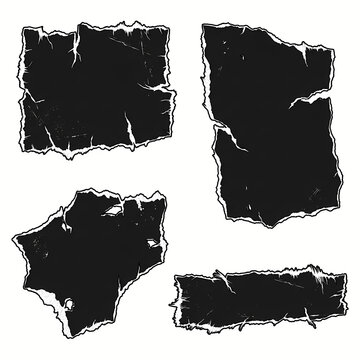 Set of distressed torn black paper pieces with rough edges and cracked texture isolated on white background for vintage design elements