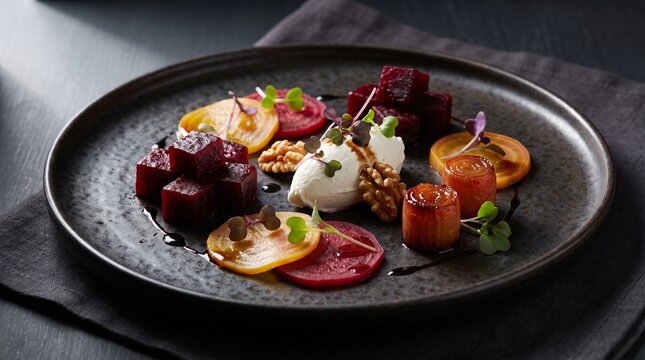 Avant-Garde Roasted Beetroot Salad with Goat Cheese Quenelle and Walnuts