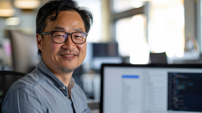 Middle-Aged Asian Male Software Developer with Glasses Smiling at Work