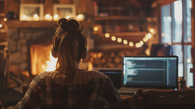 Focused Female Engineer Managing Cloud Servers in Cozy Workspace