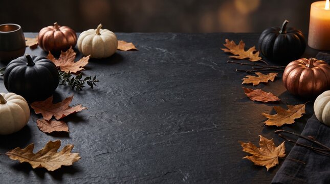 fall background autumn backdrop halloween table setting thanksgiving decor dark rustic surface black slate table autumn leaves flatlay decorative mini pumpkins copper pumpkins