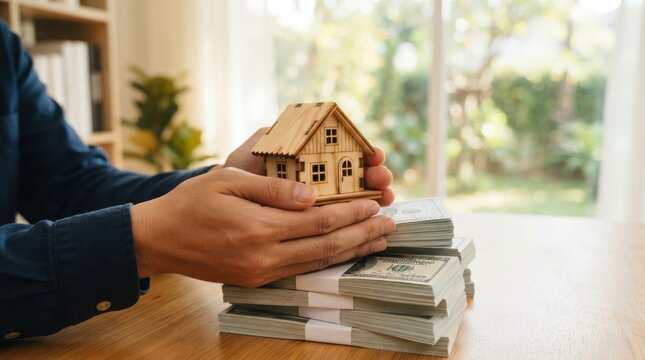 Person holding small wooden house model over stack of cash representing home investment and real estate mortgage concept
