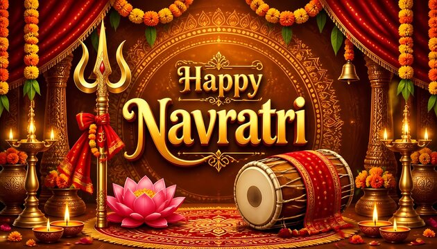 Happy Navratri Festive Banner with Trishul Dhol and Temple Decoration. 