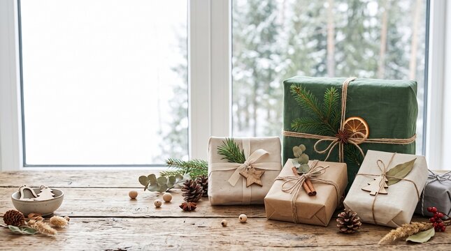 christmas gifts wrapped presents holiday season winter window rustic christmas gift boxes eco friendly wrapping brown paper packages green wrapping paper natural twine pinecones