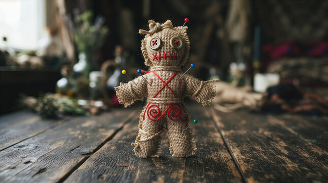 Halloween concept: A handmade voodoo doll made of burlap and twine, featuring red thread and pins, placed on a dark, rustic wooden table.
