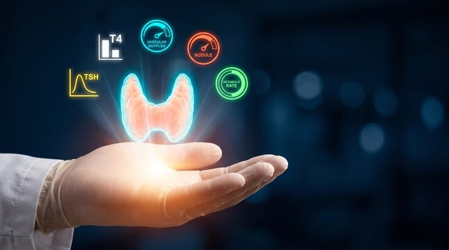 Glowing holographic human thyroid model hovered above a medical doctor's hand displaying colorful health diagnostic data charts and clinical icons