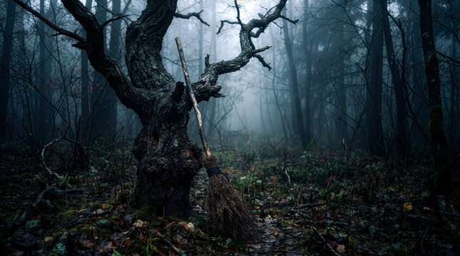 Halloween concept: A witch's broom leaning against a gnarled, leafless tree in a forest shrouded in thick fog&mdash;a Halloween scene full of atmosphere and mystery.