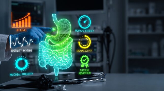 Holographic digestive system interface displaying medical data analytics on a glowing digital display used by a professional healthcare clinical researcher