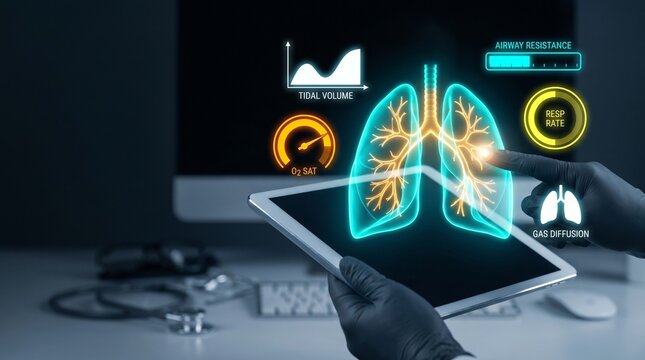 Glowing holographic human lungs illustration displayed on a tablet screen for medical diagnosis analysis by a professional doctor wearing gloves