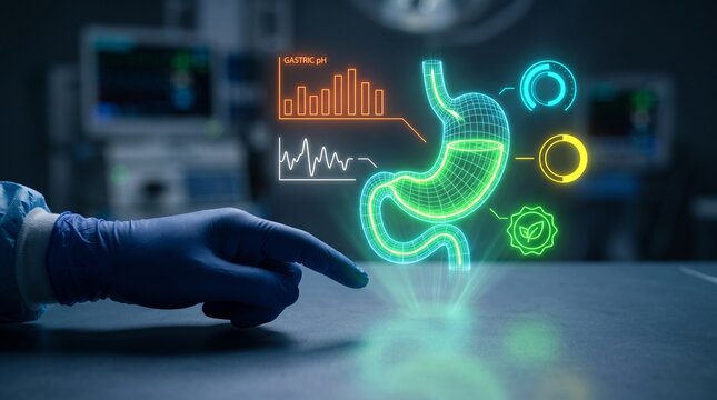Glowing digital stomach hologram displays detailed digestive health metrics while a medical professional reaches out to touch the floating interface