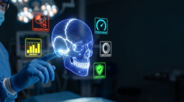 Medical professional touches glowing blue digital wireframe skull interface displaying complex holographic data visualization charts in a modern surgical theater