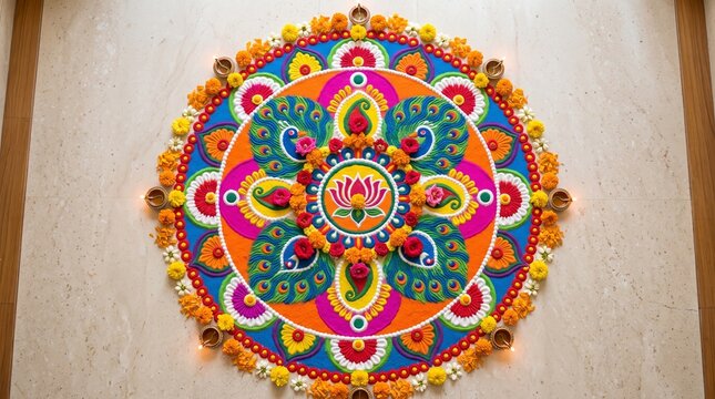 diwali rangoli kolam design indian art festival decoration floor art traditional rangoli diwali celebration colorful pattern flower rangoli peacock motif diya decoration