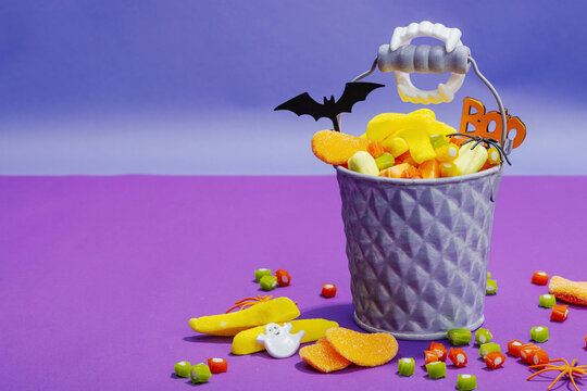 Traditional festive composition for Halloween party. Sweet seasonal food, homemade autumn decor