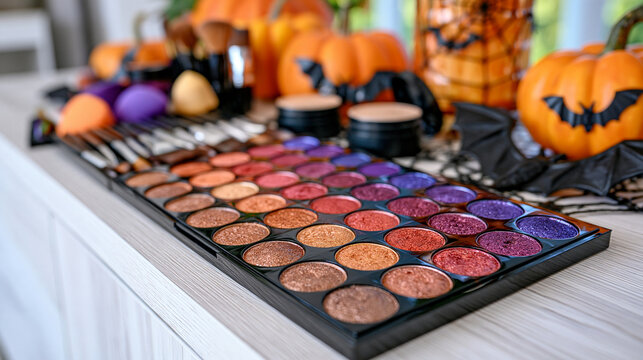 Direct aerial view of an organized Halloween makeup station with face paint brushes, colorful cosmetics, blending sponges and festive decorations, bright clean white background, orange pumpkins, bla