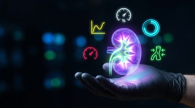 Glowing human kidney anatomical model visualized with digital neon data infographics held carefully by a gloved medical professional hand
