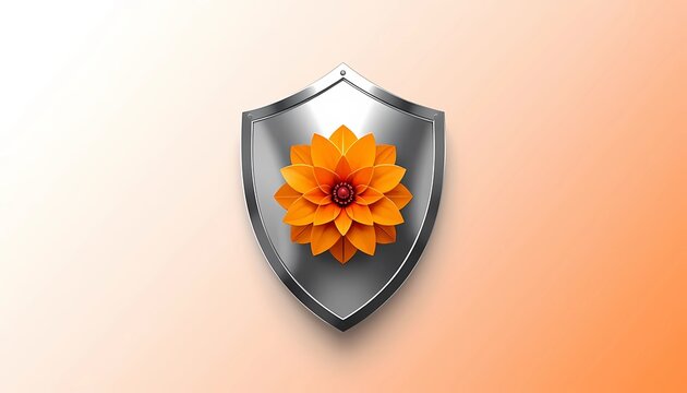 Minimalist Shield Emblem with Vibrant Orange Flower Vector Illustration. 