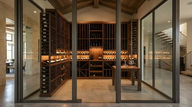 Modern custom wine cellar with wooden racks and glass doors in residence