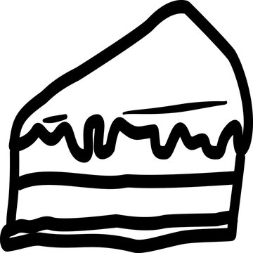 Minimal hand-drawn layered cake slice line art with a thick black outline, smooth frosting top, dripping icing, and simple cake layers. Isolated transparent PNG illustration for bakery logos, dessert 