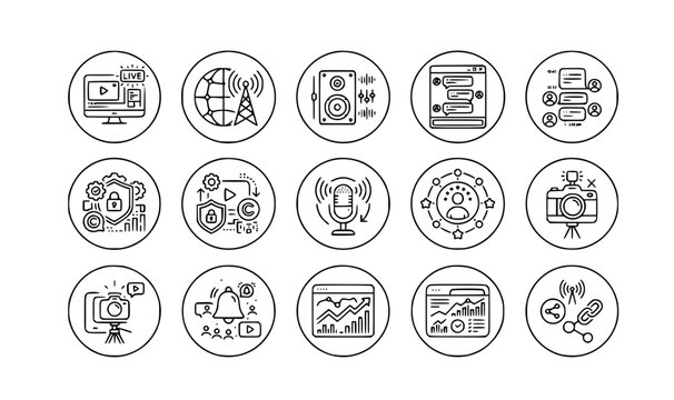 Online broadcasting live streaming and community feed line icon set with network vectors
