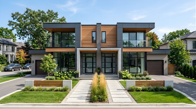 Modern duplex residential building with wooden facade and garden exterior