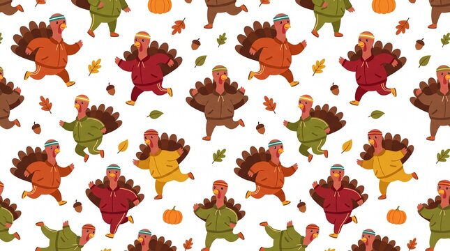 Turkey trot seamless pattern with funny running turkeys in tracksuits