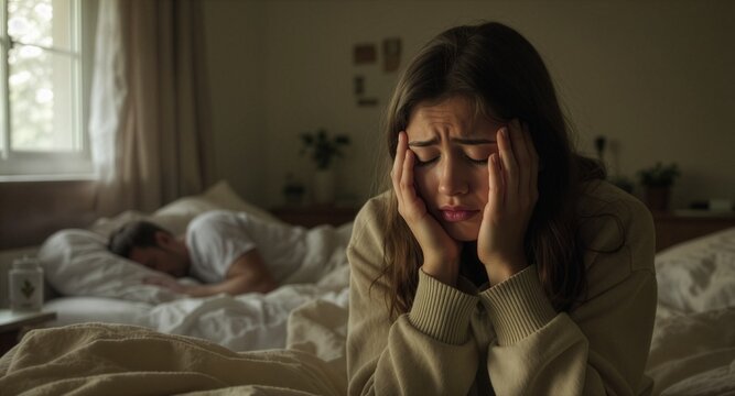 A stressed young woman crying and holding her face in distress while a man sleeps in bed behind her, capturing concepts of relationship problems, breakdown, and emotional pain.