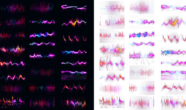 Neon equalizer sound waves collection displays colorful audio spectrum bars and frequency vibrations for music production and digital signal processing visuals.