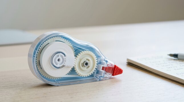 Transparent blue correction tape dispenser showing gear mechanism on wooden desk. Office stationery and school writing correction tool